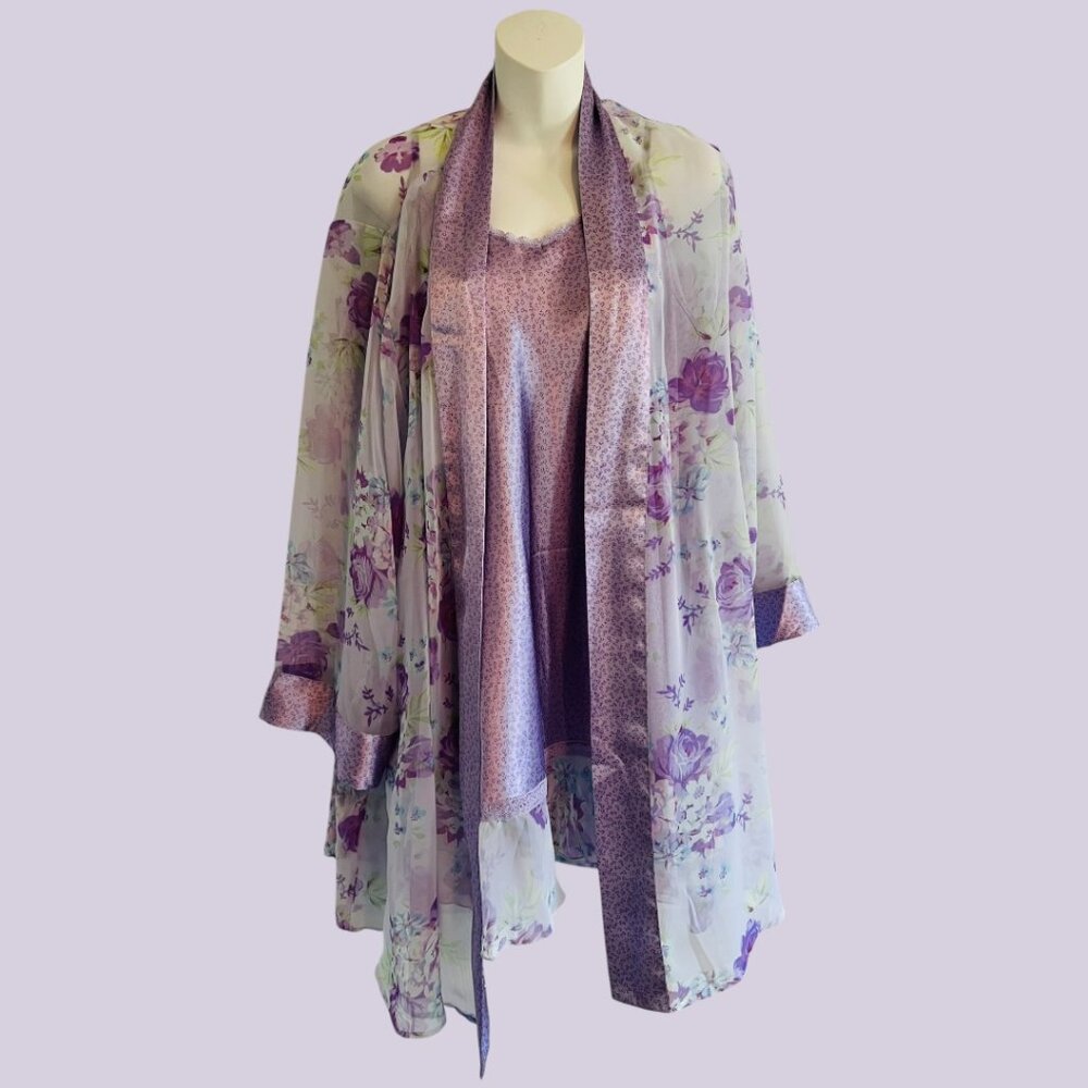 Jaclyn Smith Sleepwear Set Lavender Floral Satin & Lace Women's XL Cami & Robe